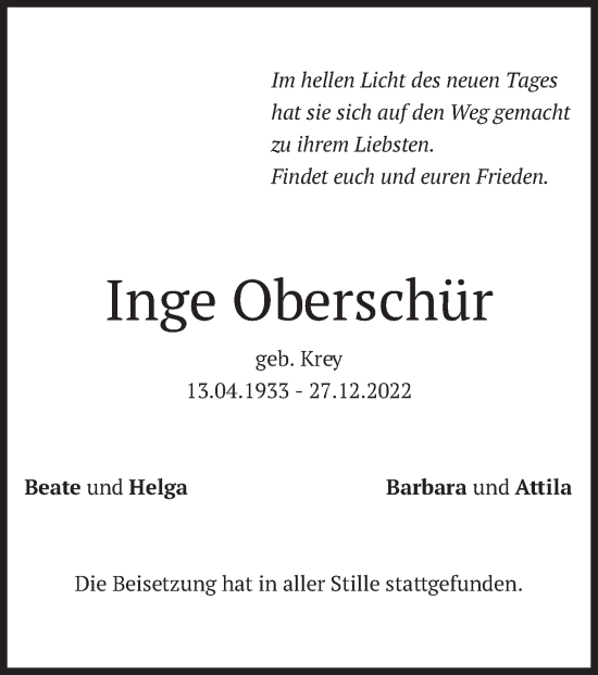 Traueranzeige von Inge Oberschür von merkurtz
