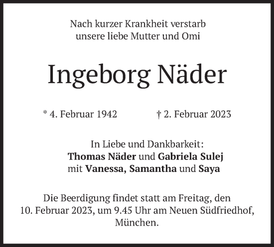 Todesanzeige von Ingeborg Näder von merkurtz