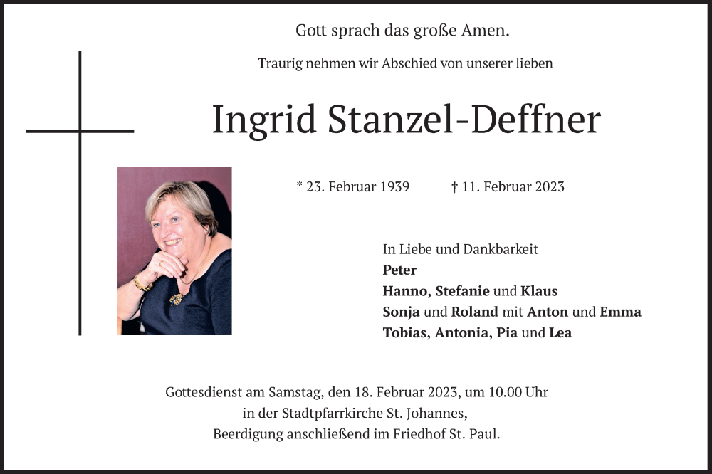  Traueranzeige für Ingrid Stanzel-Deffner vom 15.02.2023 aus merkurtz