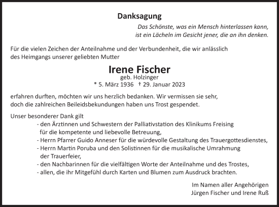 Traueranzeige von Irene Fischer von merkurtz