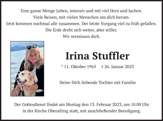 Traueranzeige von Irina Stuffler von merkurtz