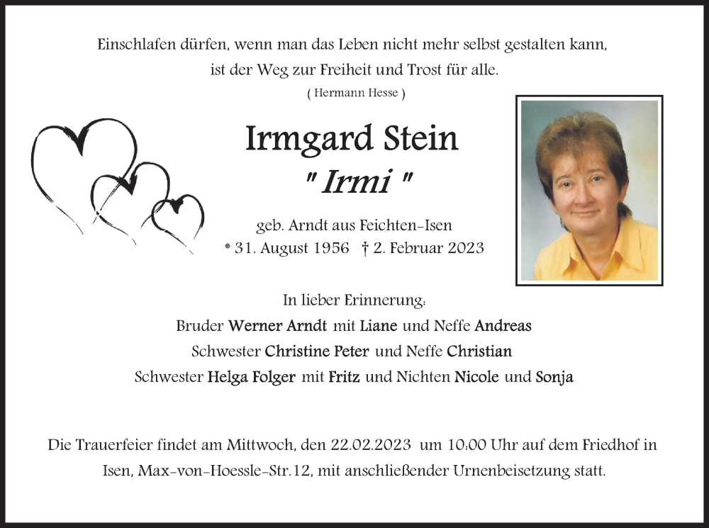  Traueranzeige für Irmgard Stein vom 18.02.2023 aus merkurtz