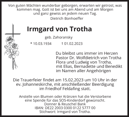Traueranzeige von Irmgard von Trotha von merkurtz