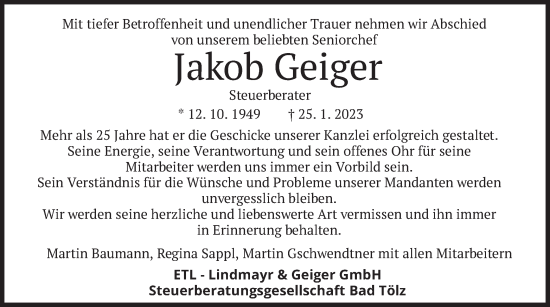 Traueranzeige von Jakob Geiger von merkurtz