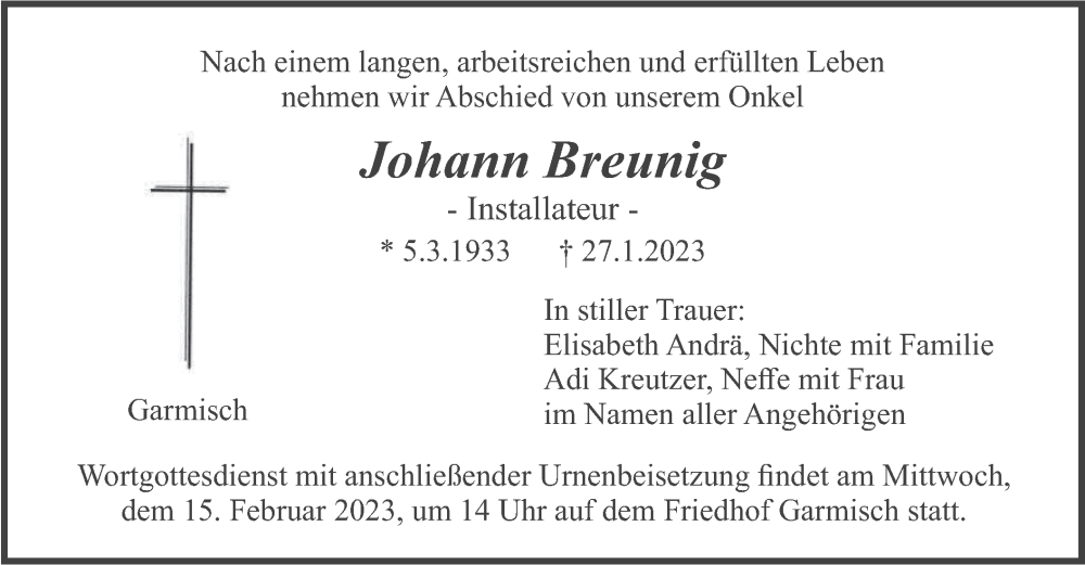  Traueranzeige für Johann Breunig vom 11.02.2023 aus merkurtz