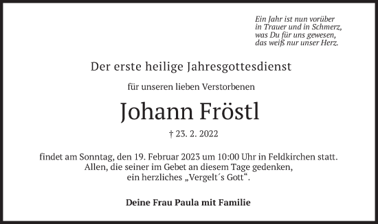 Traueranzeige von Johann Fröstl von merkurtz