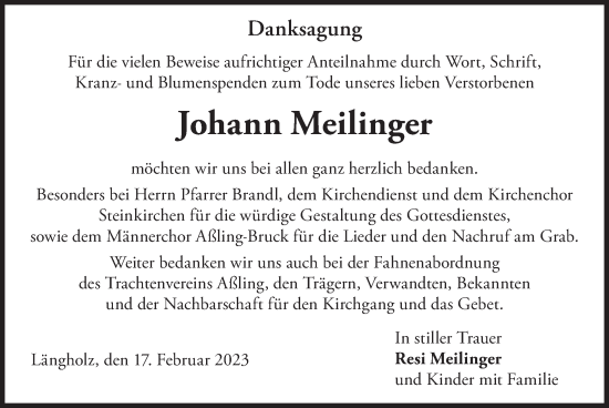Traueranzeige von Johann Meilinger