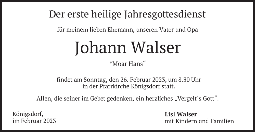  Traueranzeige für Johann Walser vom 22.02.2023 aus merkurtz