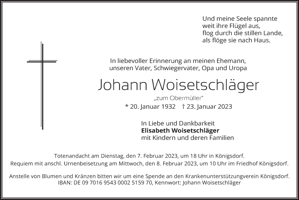  Traueranzeige für Johann Woisetschläger vom 04.02.2023 aus merkurtz