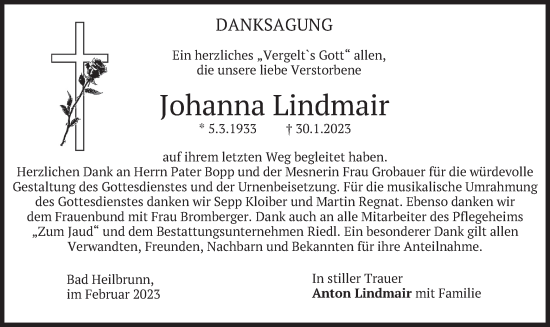 Traueranzeige von Johanna Lindmair von merkurtz