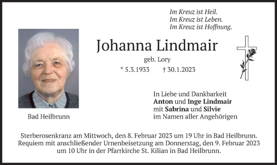 Traueranzeige von Johanna Lindmair von merkurtz