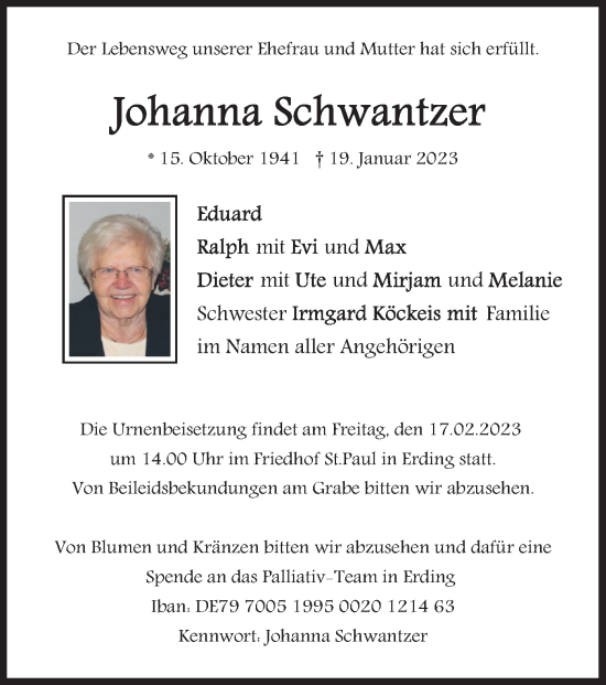 Traueranzeige von Johanna Schwantzer von merkurtz