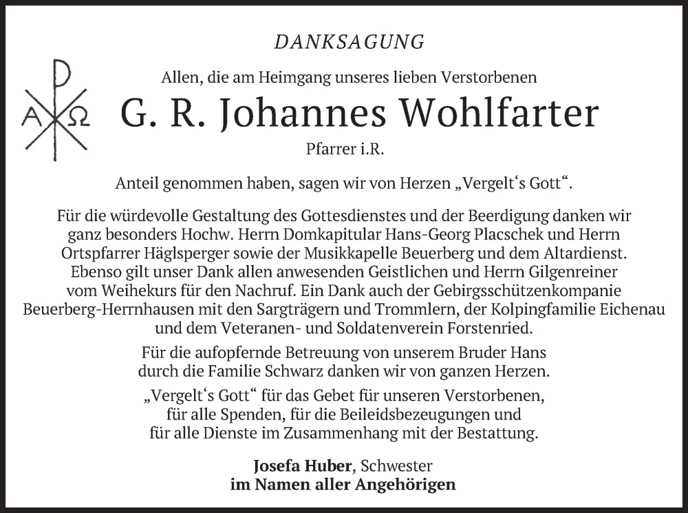  Traueranzeige für Johannes Wohlfarter vom 11.02.2023 aus merkurtz