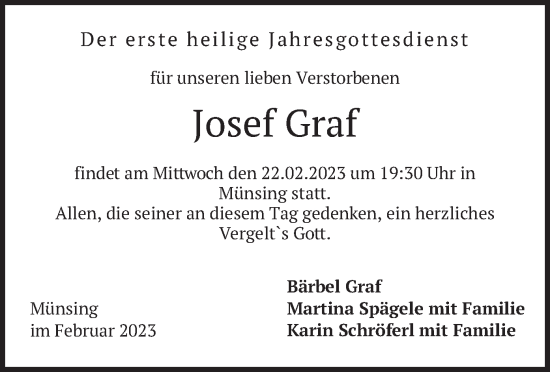 Traueranzeige von Josef Graf von merkurtz