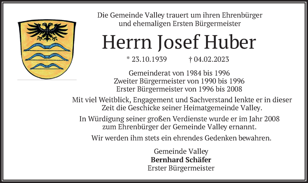 Traueranzeige für Josef Huber vom 08.02.2023 aus merkurtz