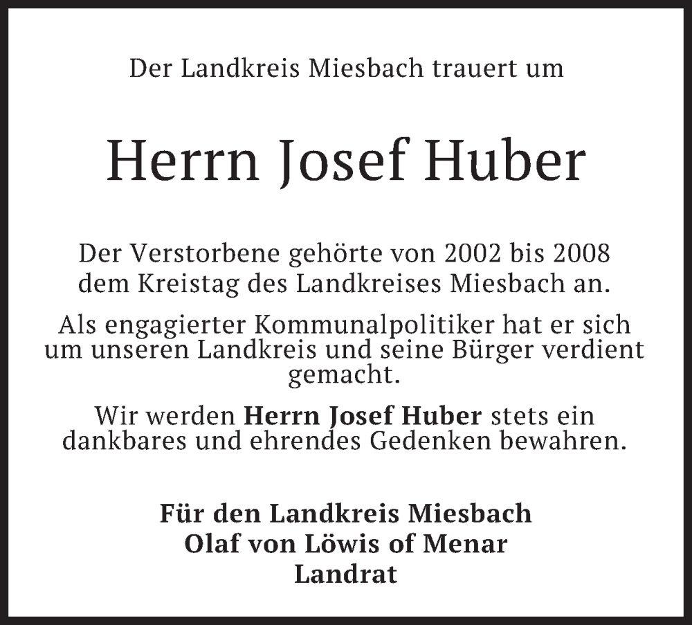  Traueranzeige für Josef Huber vom 08.02.2023 aus merkurtz