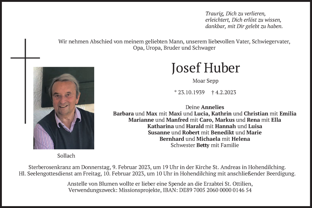  Traueranzeige für Josef Huber vom 07.02.2023 aus merkurtz