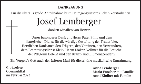 Traueranzeige von Josef Lemberger von merkurtz