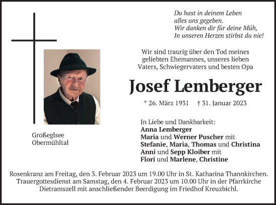 Todesanzeige von Josef Lemberger von merkurtz