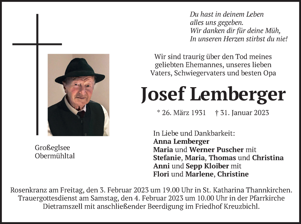  Traueranzeige für Josef Lemberger vom 02.02.2023 aus merkurtz