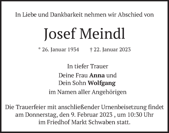 Traueranzeige von Josef Meindl von merkurtz