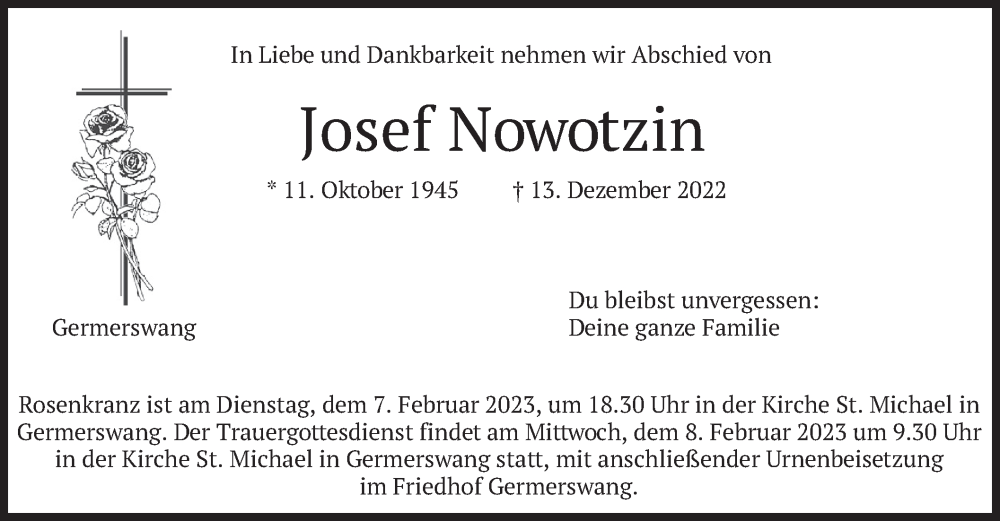  Traueranzeige für Josef Nowotzin vom 04.02.2023 aus merkurtz