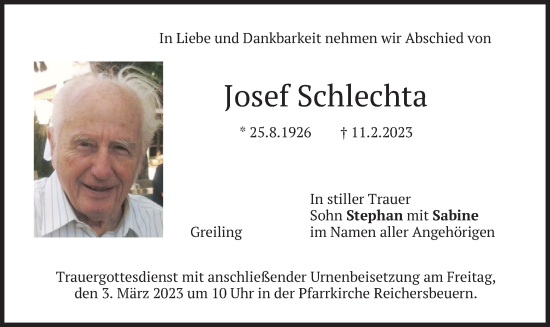 Traueranzeige von Josef Schlechta von merkurtz
