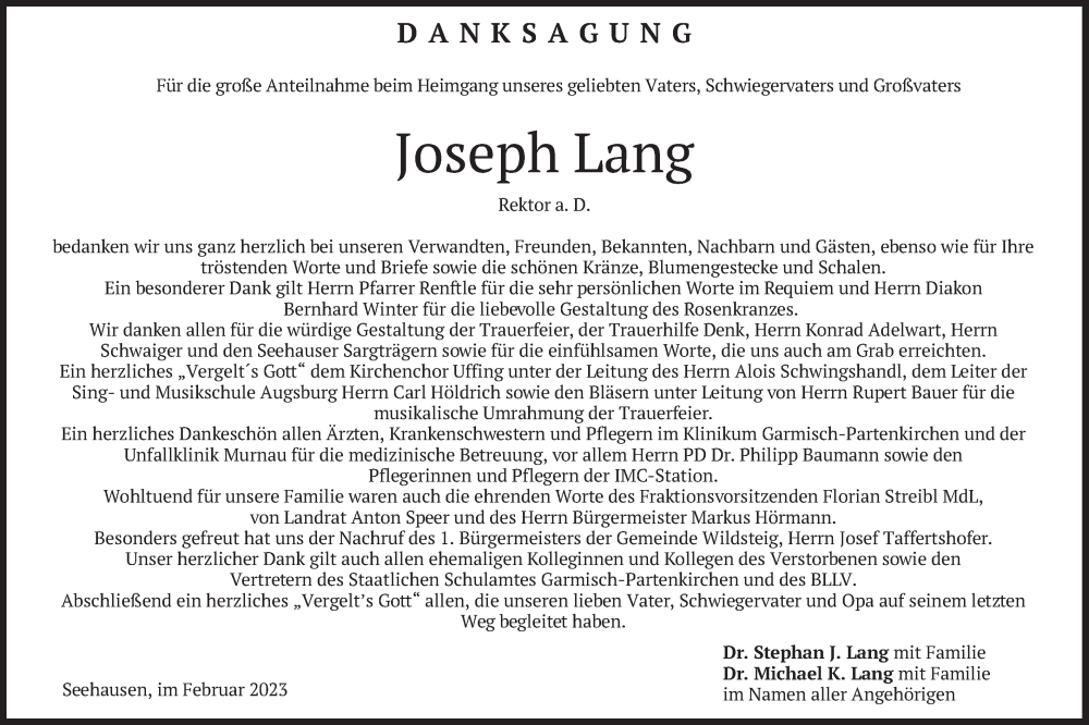  Traueranzeige für Joseph Lang vom 25.02.2023 aus merkurtz