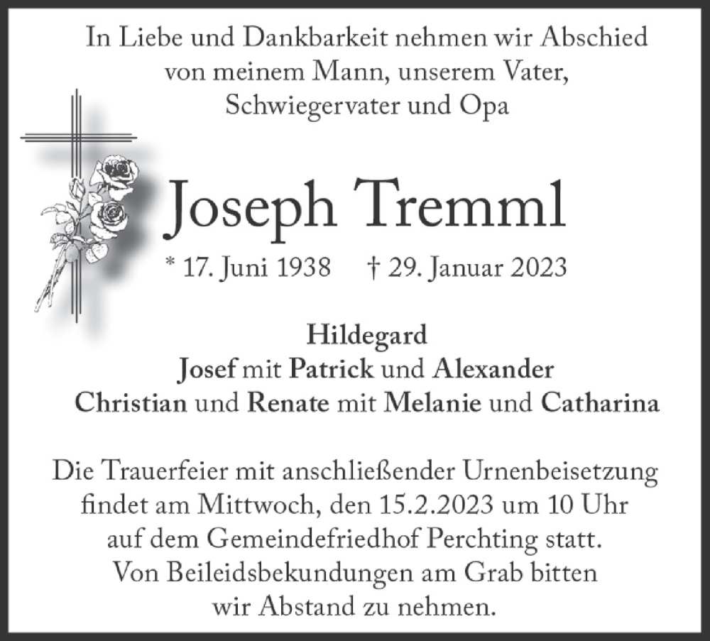 Traueranzeigen von Joseph Tremml | trauer.merkur.de