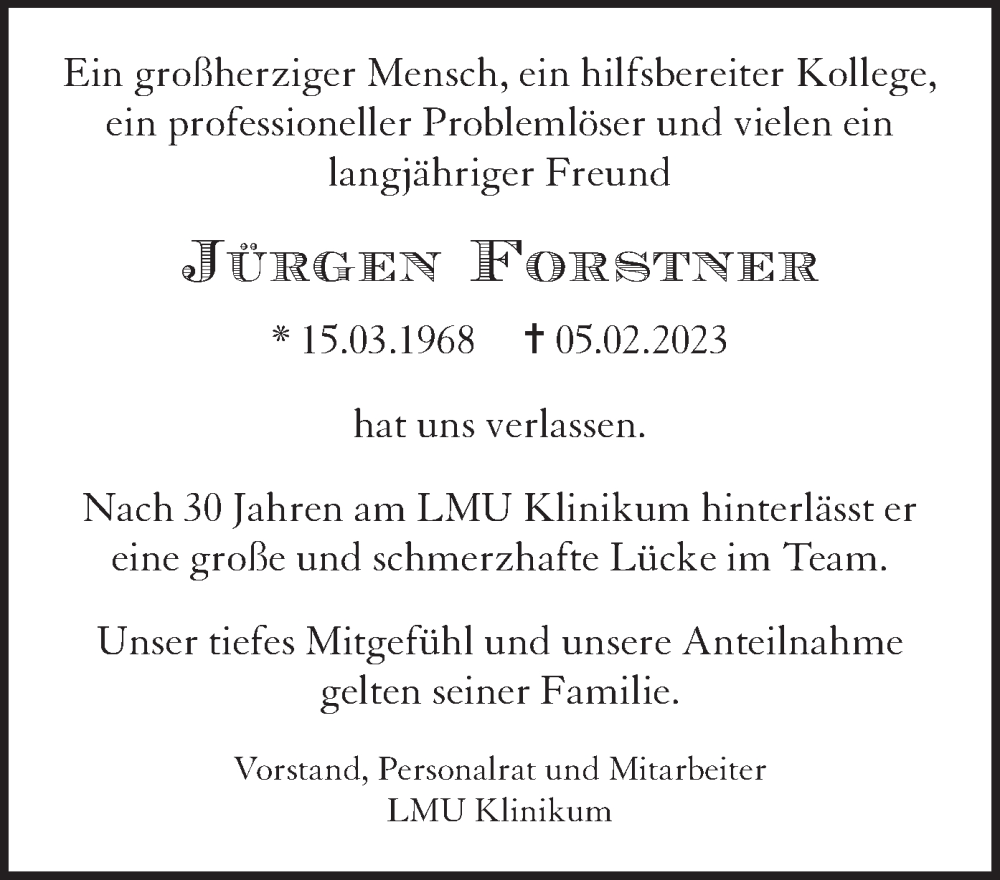  Traueranzeige für Jürgen Forstner vom 16.02.2023 aus merkurtz