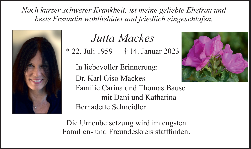  Traueranzeige für Jutta Mackes vom 04.02.2023 aus merkurtz