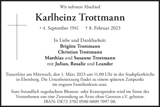 Traueranzeige von Karlheinz Trottmann