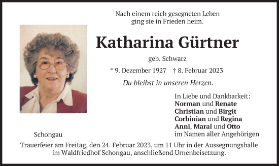 Traueranzeige von Katharina Gürtner von merkurtz