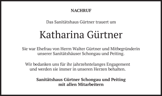 Traueranzeige von Katharina Gürtner von merkurtz