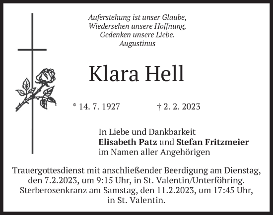 Todesanzeige von Klara Hell von merkurtz