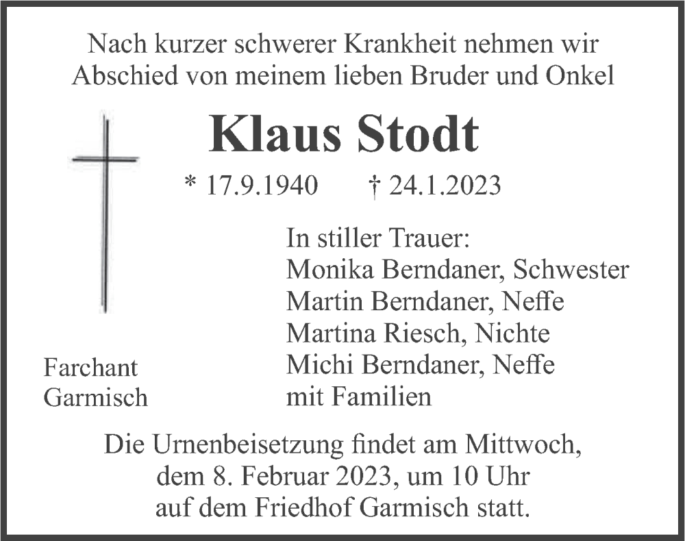 Traueranzeige für Klaus Stodt vom 04.02.2023 aus merkurtz