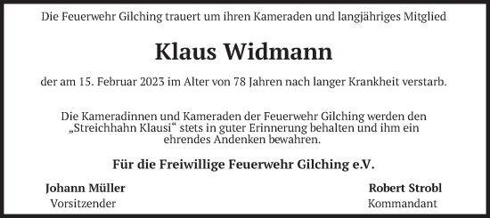 Traueranzeige von Klaus Widmann von merkurtz