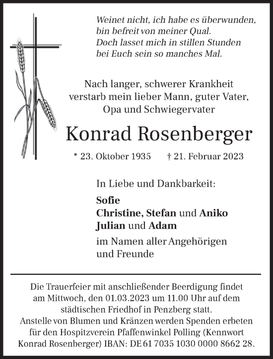 Traueranzeige von Konrad Rosenberger von Das Gelbe Blatt Penzberg