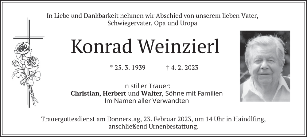 Traueranzeige für Konrad Weinzierl vom 18.02.2023 aus merkurtz