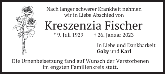 Traueranzeige von Kreszenzia Fischer von merkurtz