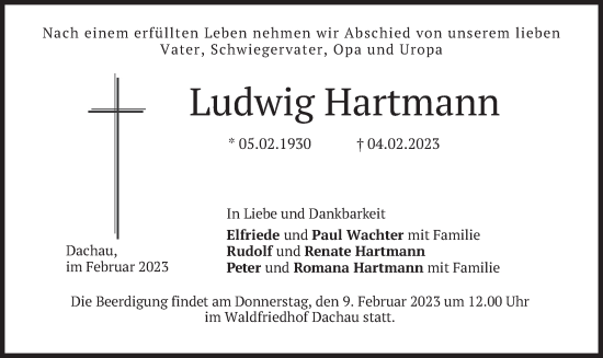 Todesanzeige von Ludwig Hartmann von merkurtz
