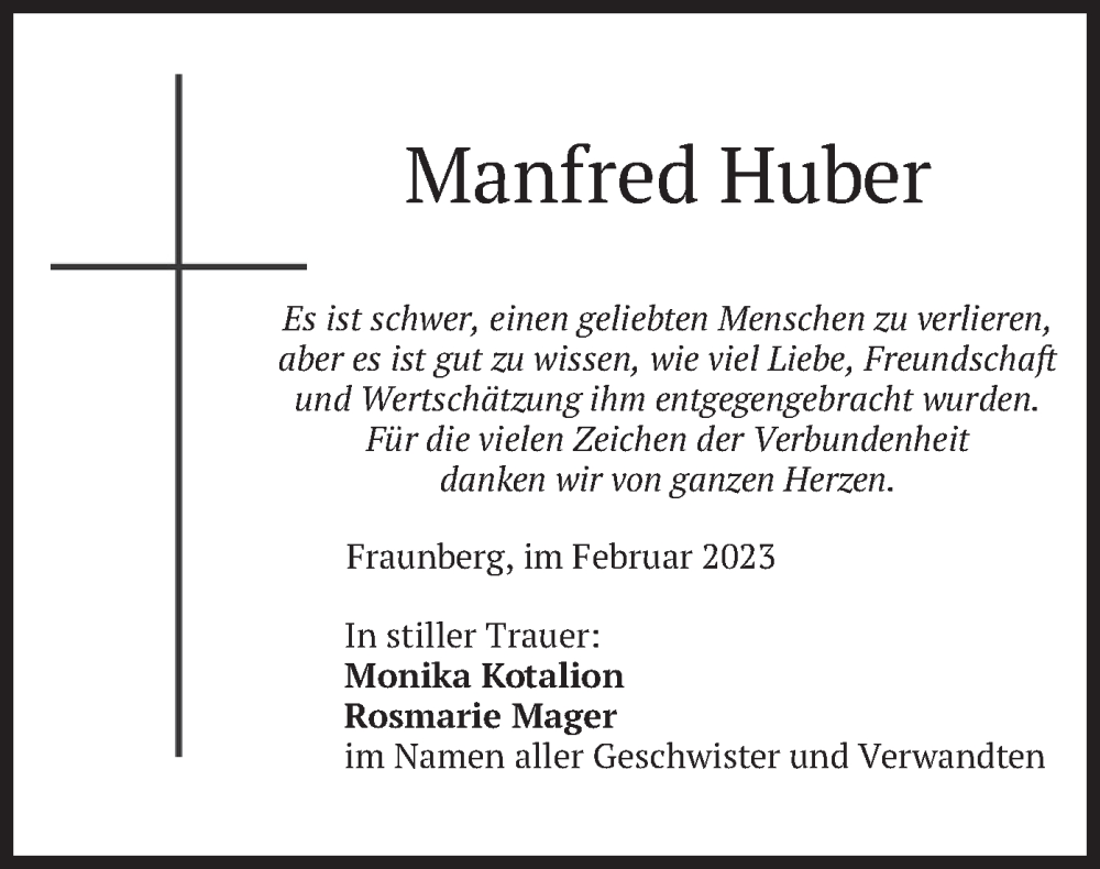  Traueranzeige für Manfred Huber vom 10.02.2023 aus merkurtz