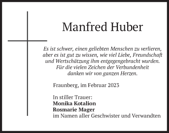 Traueranzeige von Manfred Huber von merkurtz