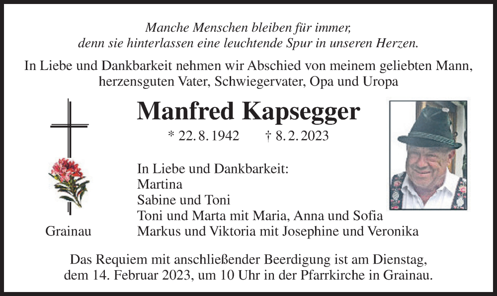  Traueranzeige für Manfred Kapsegger vom 11.02.2023 aus merkurtz