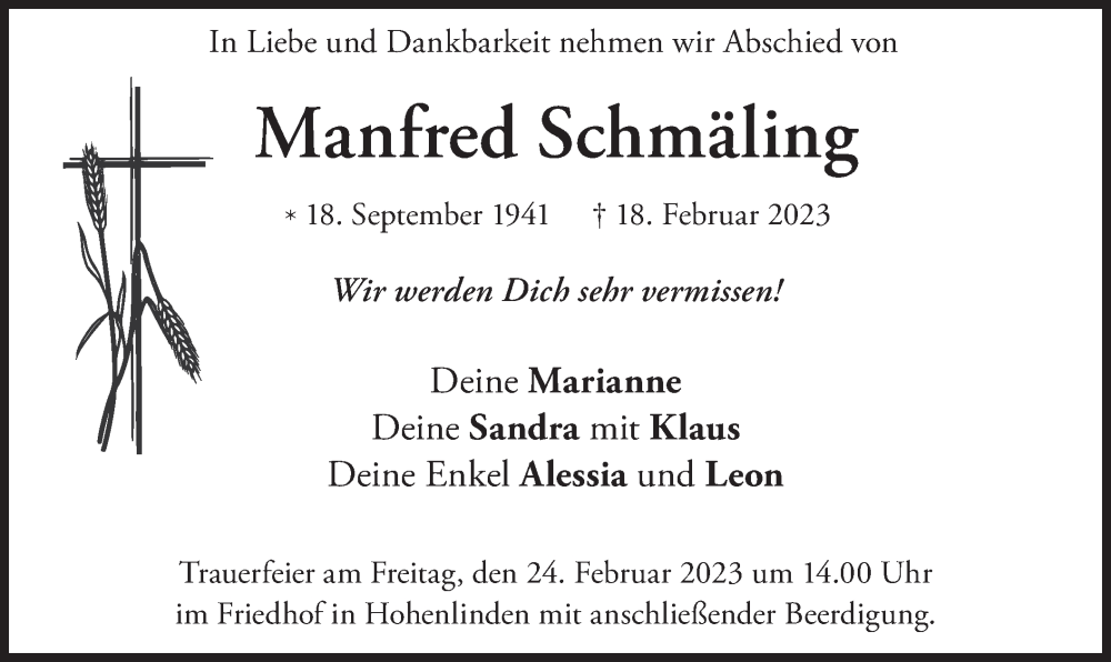  Traueranzeige für Manfred Schmäling vom 22.02.2023 aus merkurtz