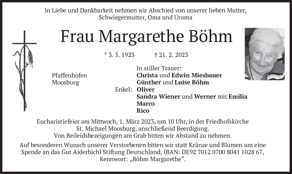  Traueranzeige für Margarethe Böhm vom 25.02.2023 aus merkurtz