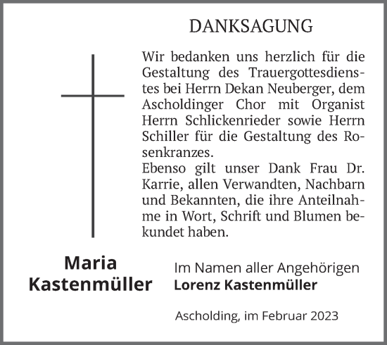 Traueranzeige von Maria Kastenmüller von merkurtz