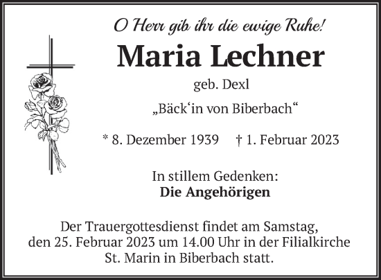 Traueranzeige von Maria Lechner von merkurtz