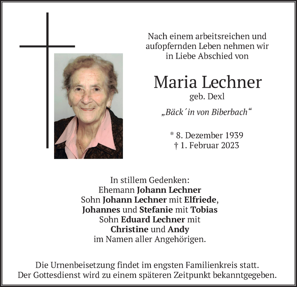  Traueranzeige für Maria Lechner vom 04.02.2023 aus merkurtz