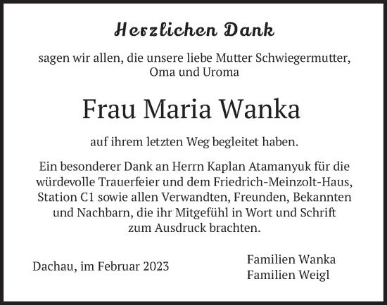 Traueranzeige von Maria Wanka von merkurtz
